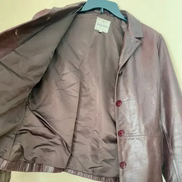 Y2K 90’s CHEVIGNON TRUCKER JACKET BLAZER COW GRAIN LEATHER MAROON SZ L VERSATILE - Picture 6 of 16
